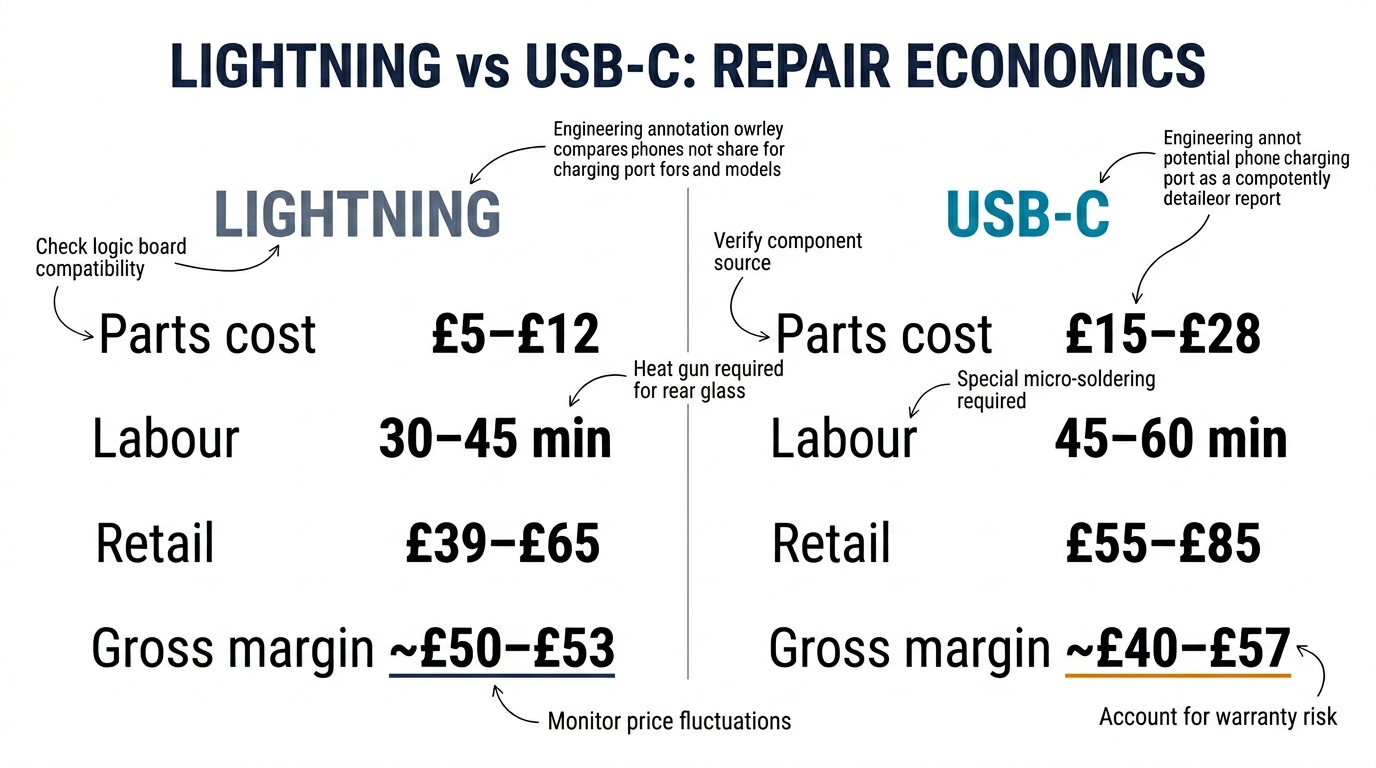 Lightning vs USB-C repair economics — side-by-side margin comparison infographic