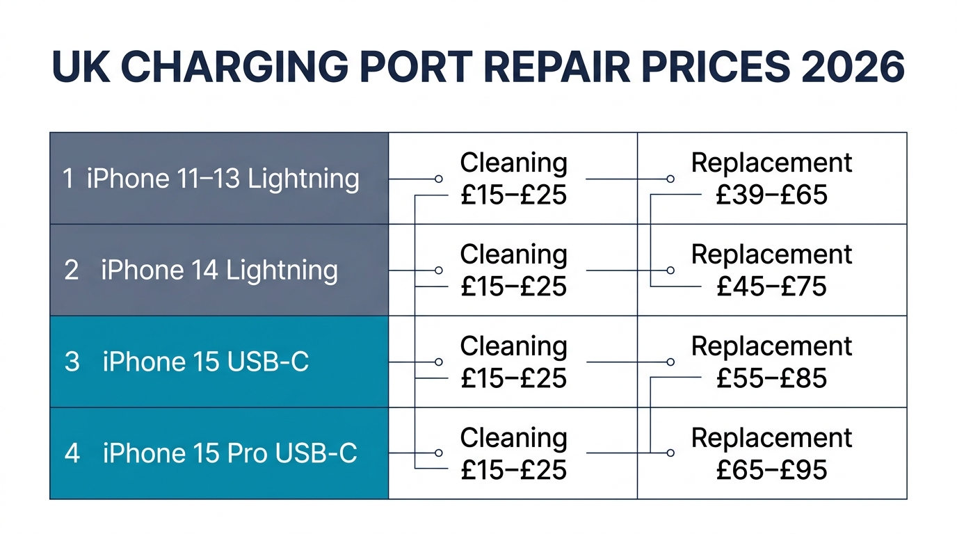 UK charging port repair prices 2026 — pricing table by iPhone model