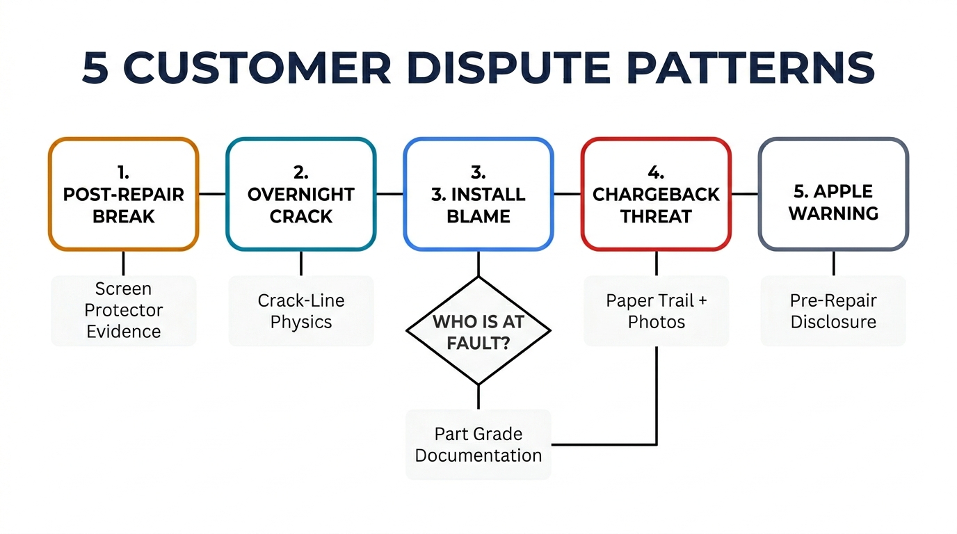 5 customer dispute patterns flowchart — post-repair break, overnight crack, install blame, chargeback threat, Apple warning