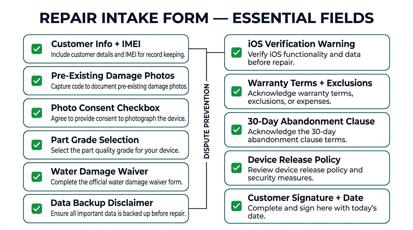 Repair intake form essential fields checklist — 11 fields that prevent customer disputes