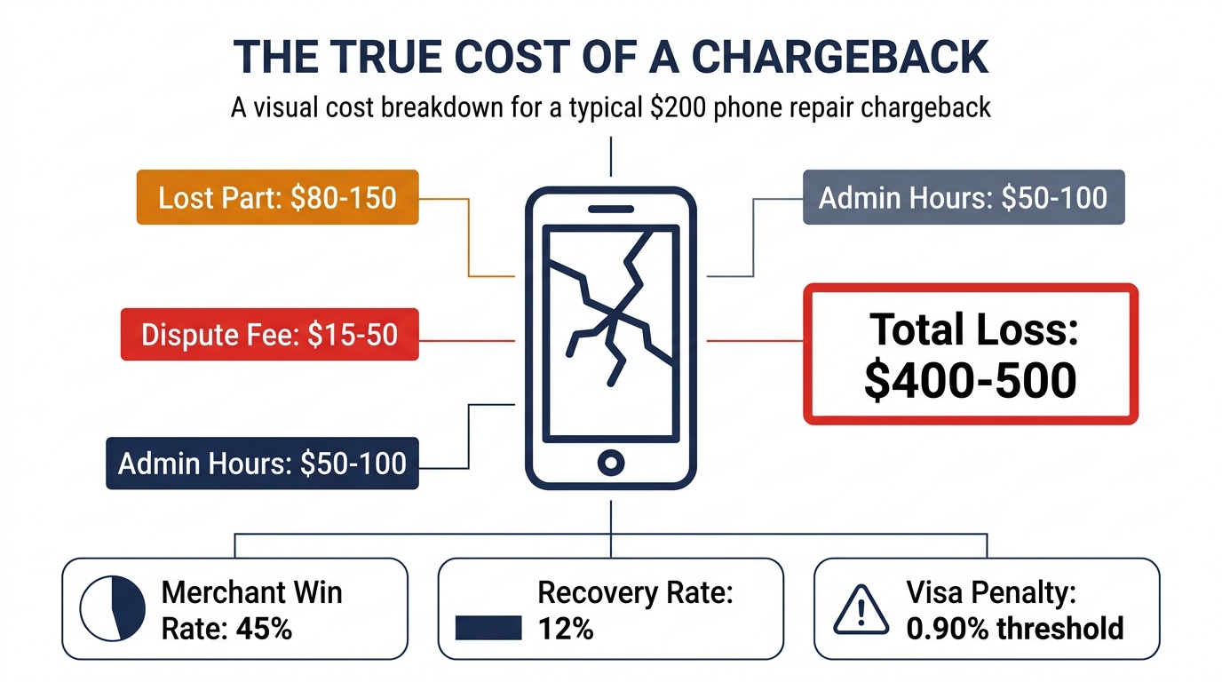 The true cost of a chargeback — a $200 repair costs $400-500 total with fees, lost parts, and admin