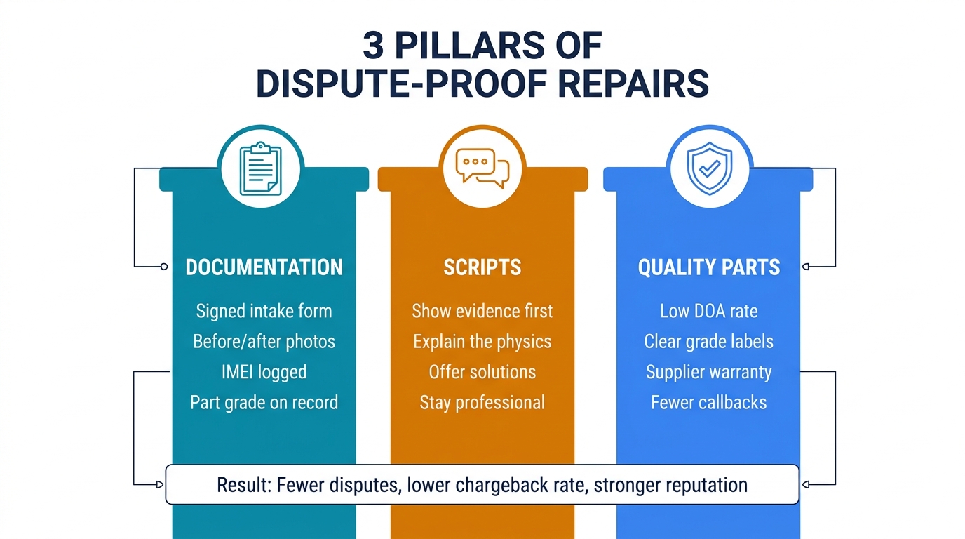 3 pillars of dispute-proof repairs — documentation, scripts, and quality parts