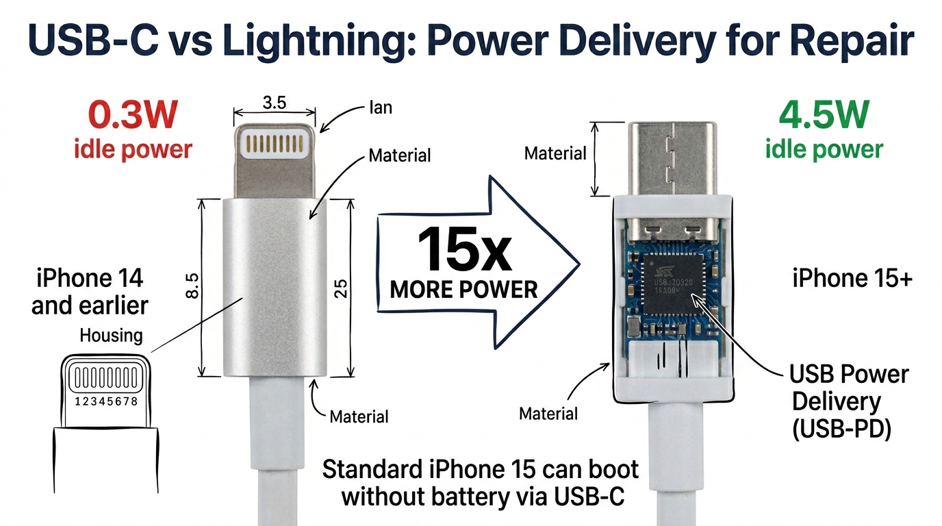 USB-C vs Lightning power delivery comparison showing 4.5W vs 0.3W idle power
