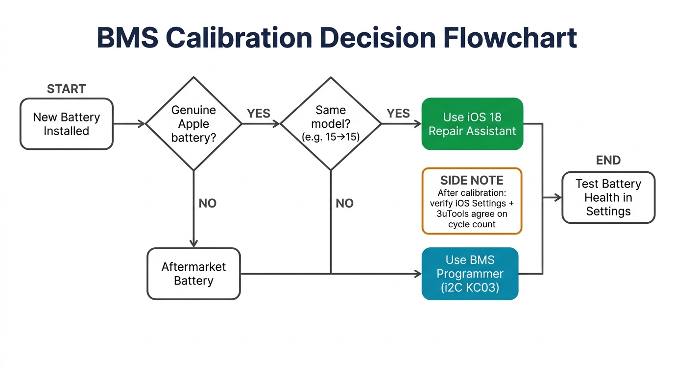 BMS calibration decision flowchart for iPhone 15 battery replacement