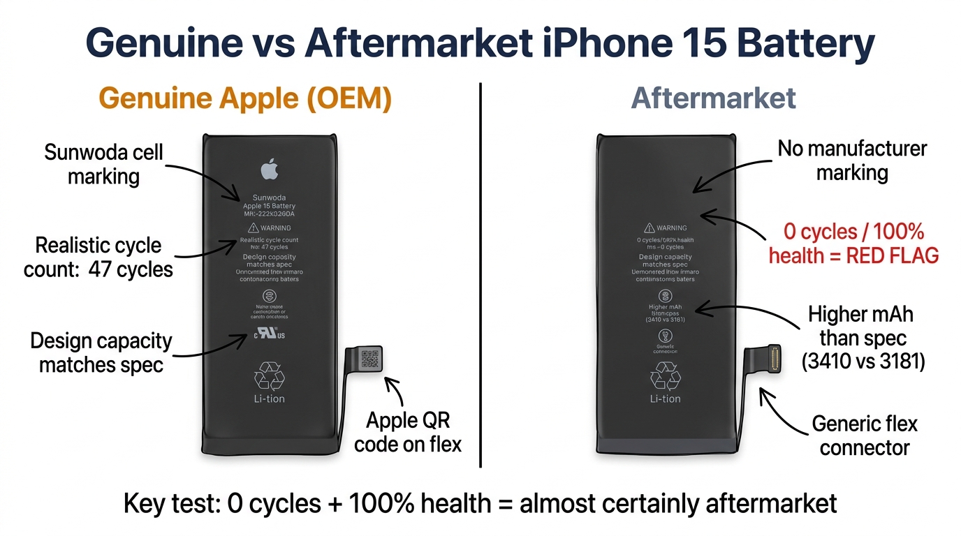 Genuine vs aftermarket iPhone 15 battery identification guide with red flags