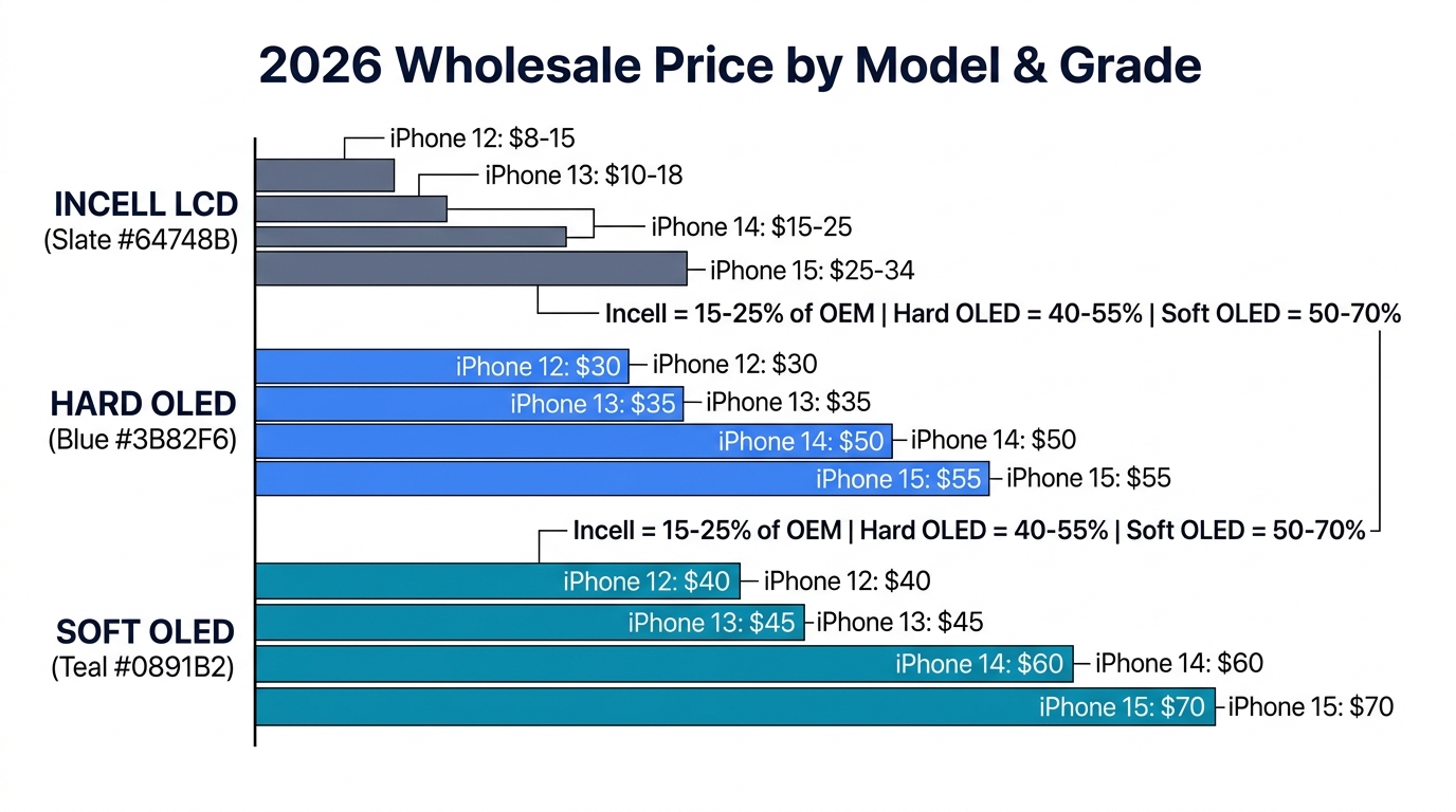 Wholesale pricing comparison chart showing Incell, Hard OLED, and Soft OLED costs across iPhone models