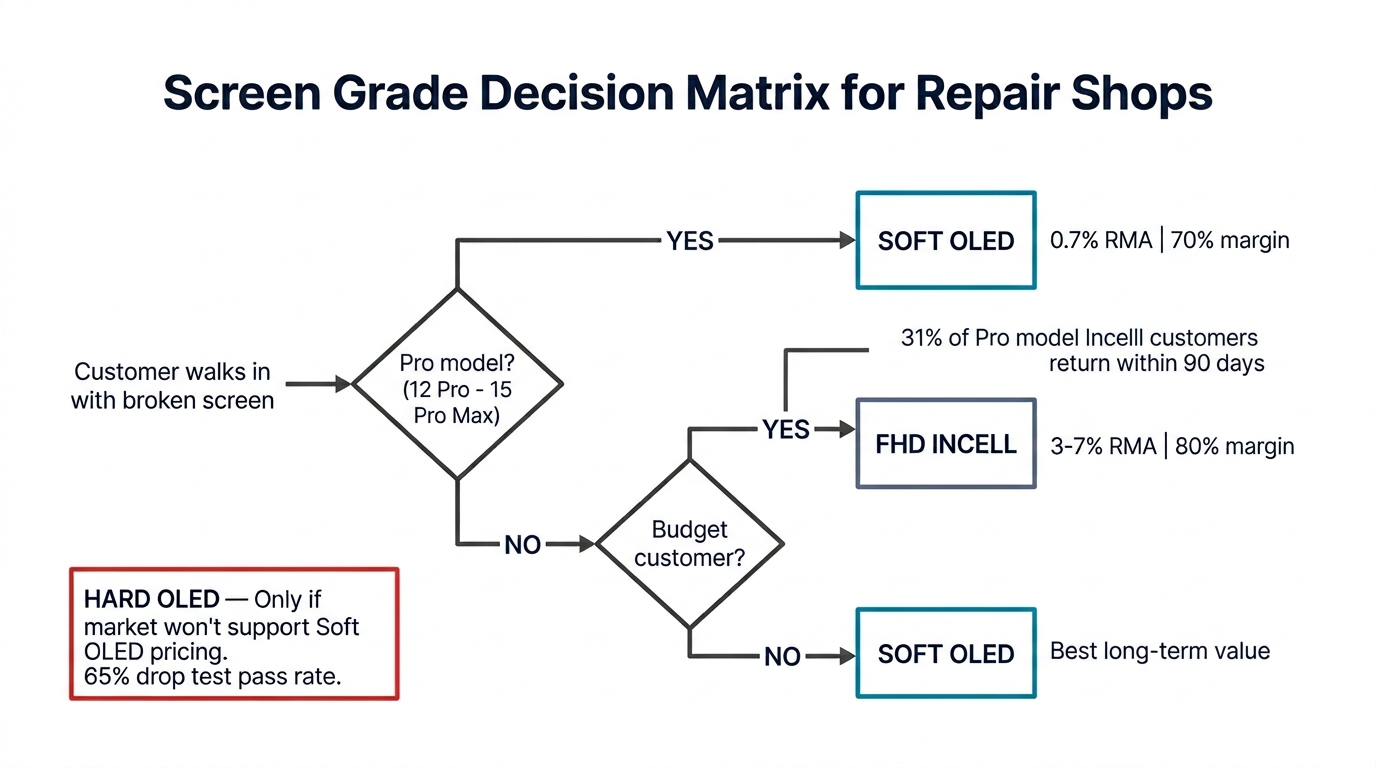 Decision flowchart for repair shop screen stocking strategy by customer type and iPhone model