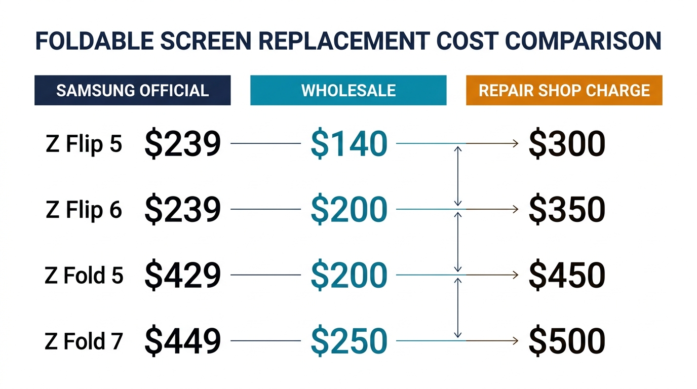 Foldable screen replacement cost comparison: Samsung official vs wholesale vs repair shop charge across Z Flip and Z Fold models