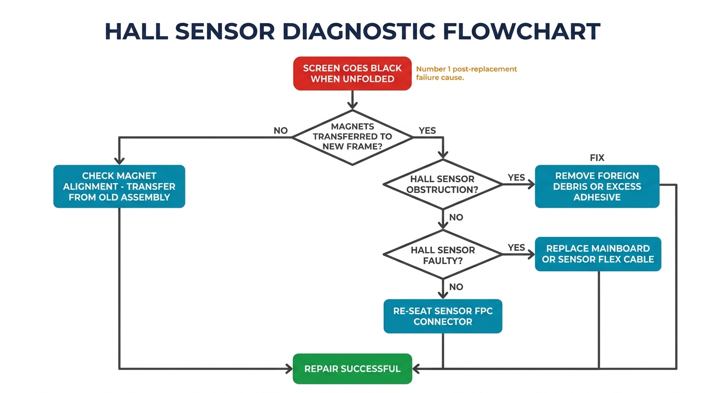 Hall sensor diagnostic flowchart for Samsung foldable screen repair — the number one cause of post-replacement screen blackout