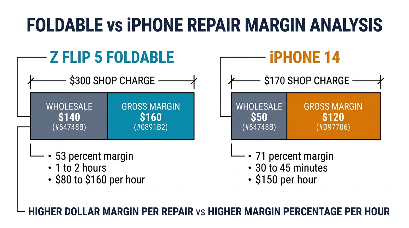 Margin analysis comparing Samsung Z Flip 5 foldable repair vs iPhone 14 screen repair — gross margin, hourly rate, and time per repair