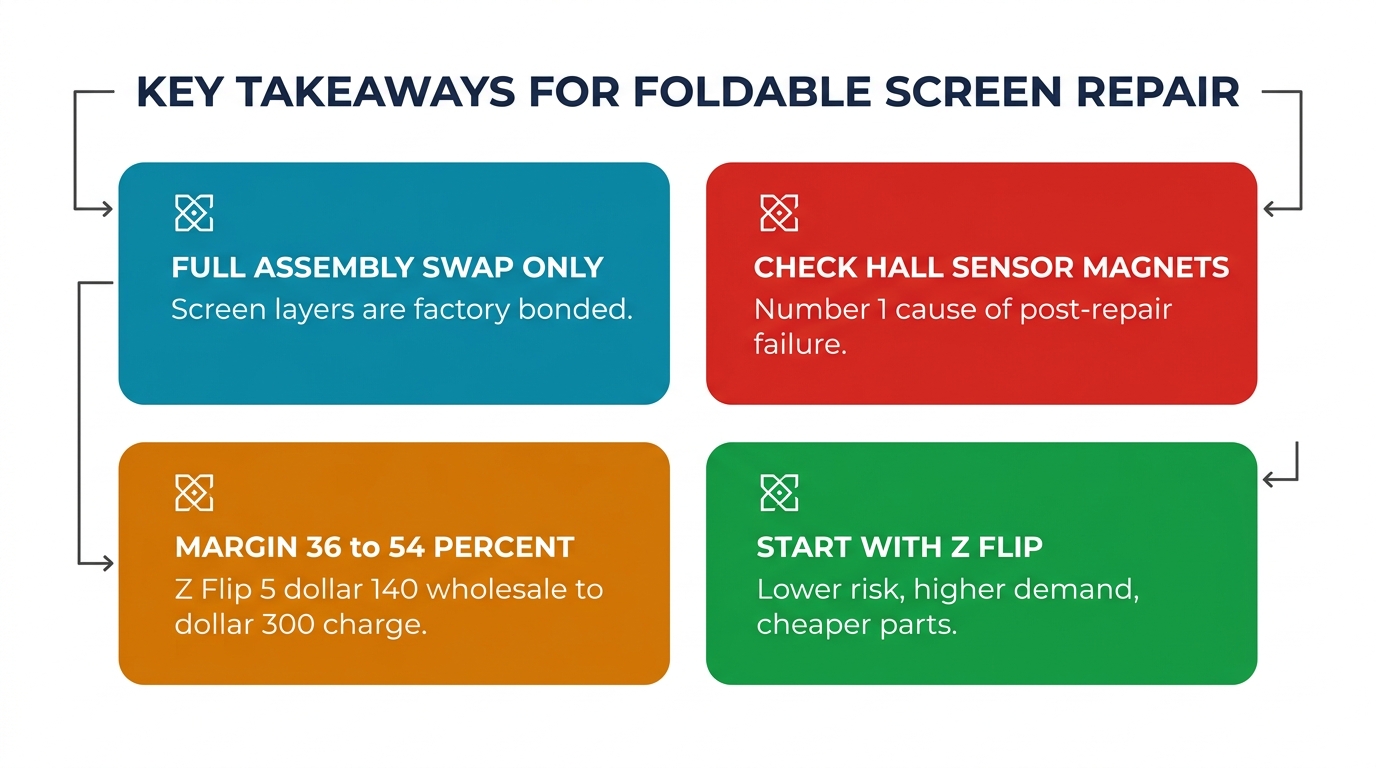 Key takeaways for foldable screen repair: full assembly swap only, check hall sensor magnets, 36-54 percent margin, start with Z Flip