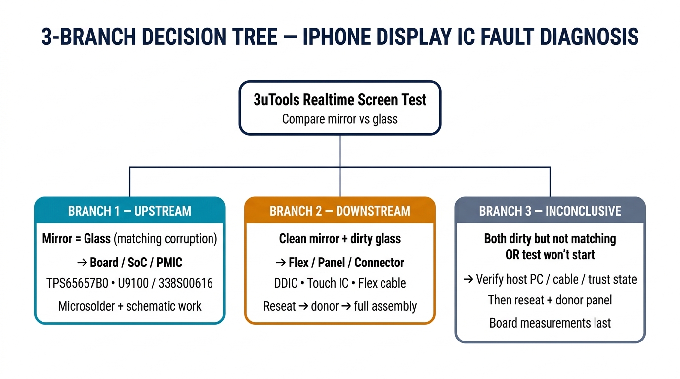 3-branch decision tree flowchart for iPhone display IC fault diagnosis — Upstream (board / PMIC / TPS65657B0 / U9100), Downstream (flex / panel / DDIC / Touch IC), and Inconclusive branches