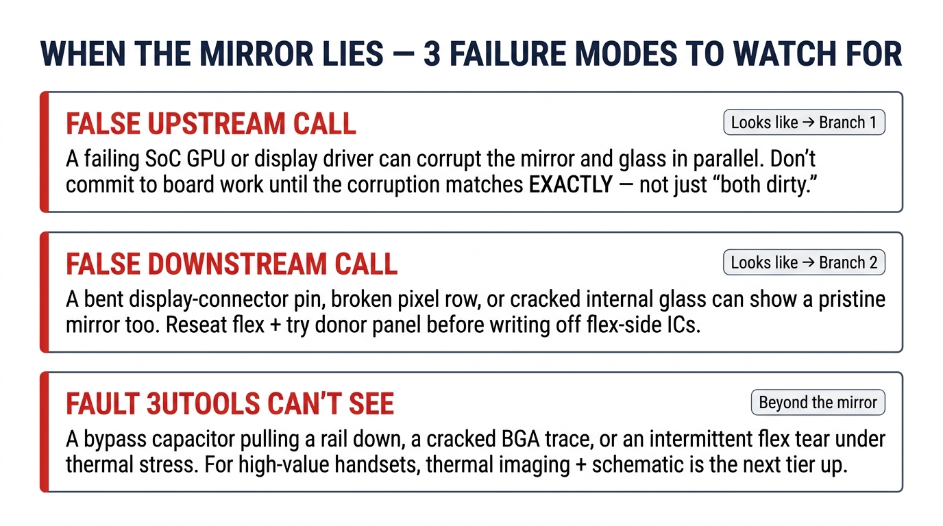 Three failure modes of the 3uTools Realtime Screen test — false upstream call, false downstream call, and faults 3uTools cannot see