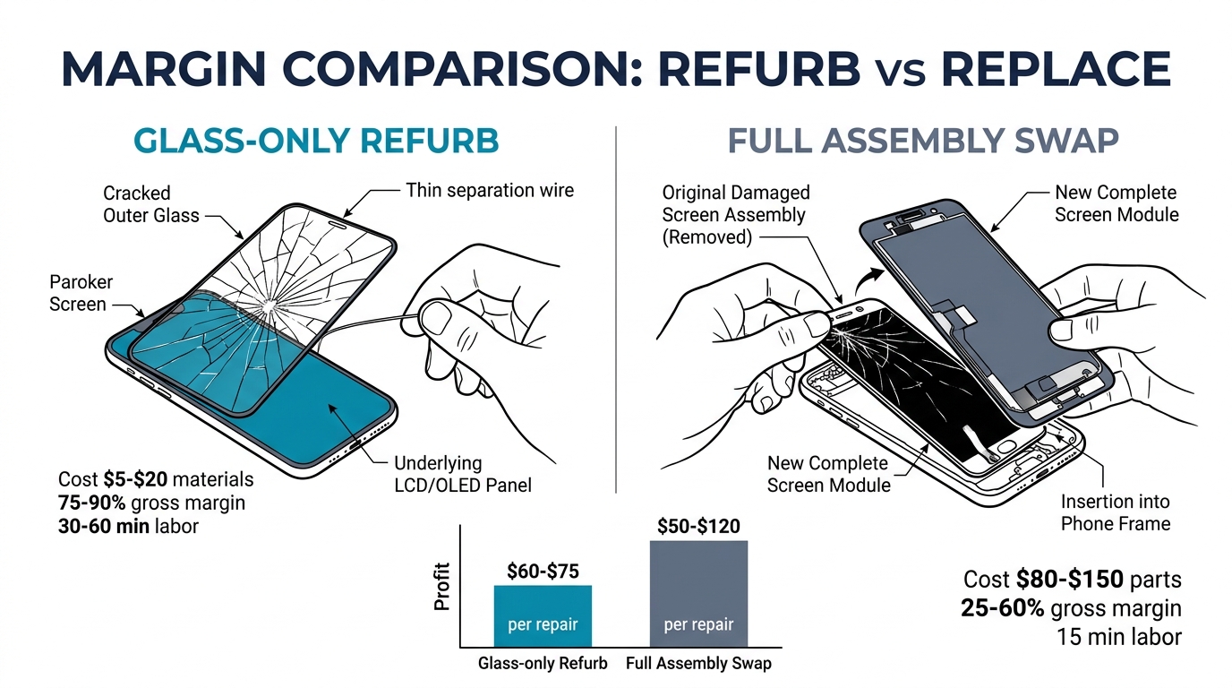 Margin comparison infographic: glass-only refurb at 75-90% margin vs full assembly replacement at 25-60% margin
