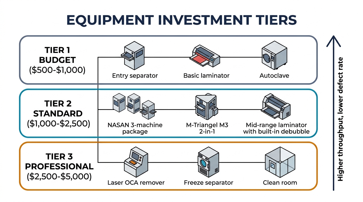 Equipment investment tiers: Budget $500-$1,000, Standard $1,000-$2,500, Professional $2,500-$5,000 with components listed