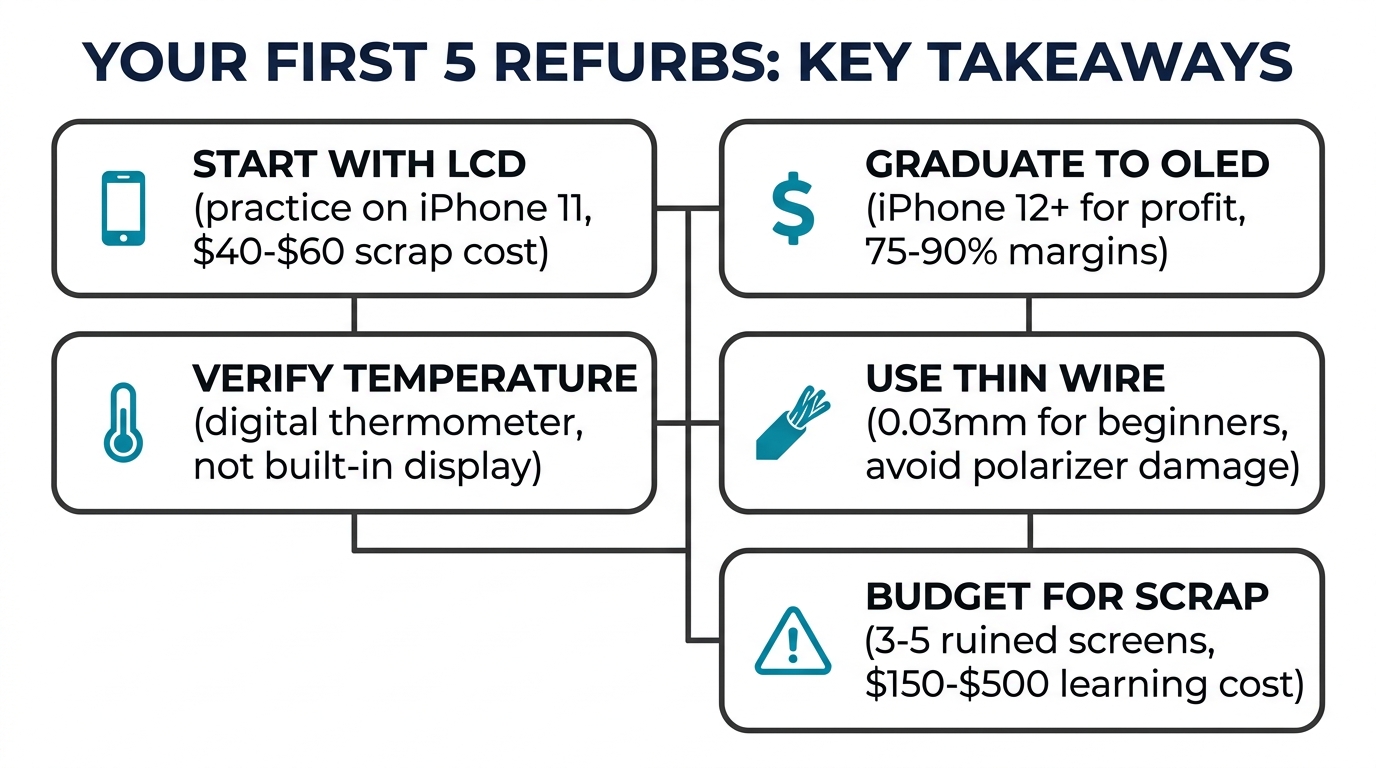 Key takeaways summary: start with LCD, graduate to OLED, verify temperature, use thin wire, budget for scrap