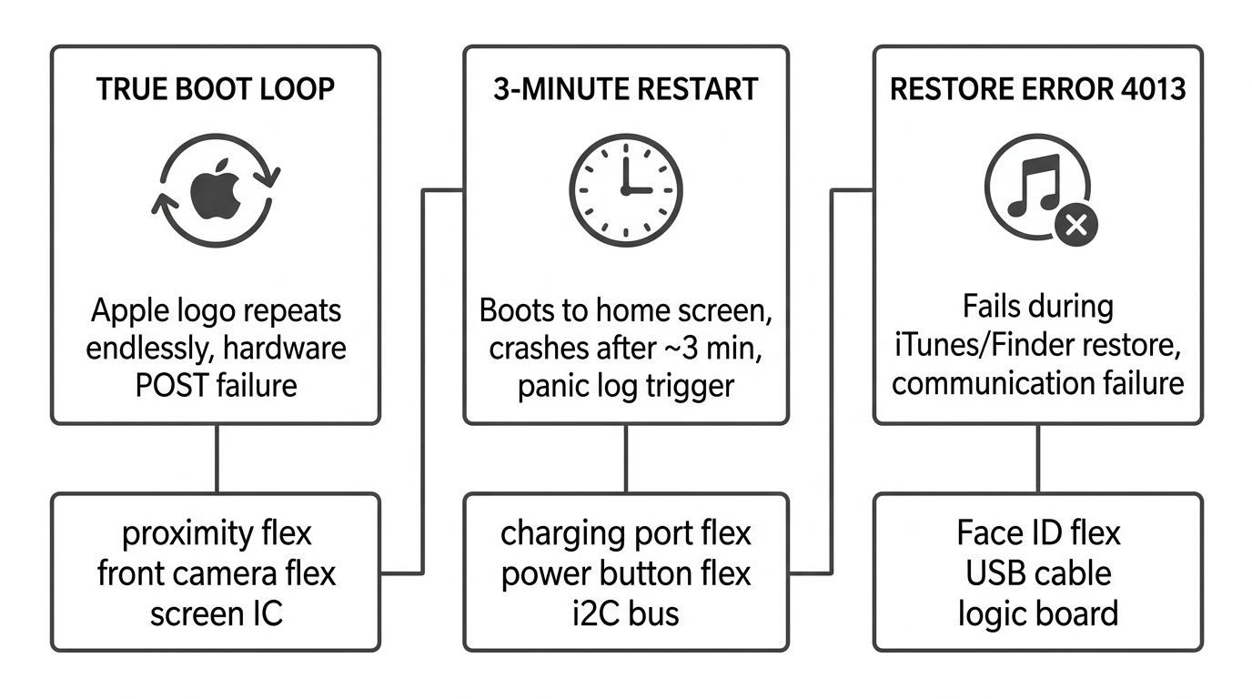 Three fault types comparison — true boot loop, 3-minute panic restart, and restore error 4013 with their causes