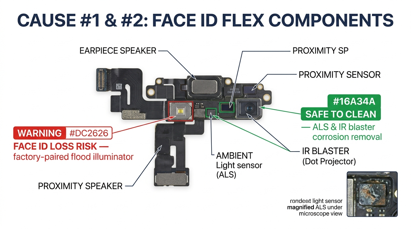 iPhone Face ID front sensor assembly with technical annotations showing flood illuminator, ALS, IR blaster, and Face ID loss risk zones
