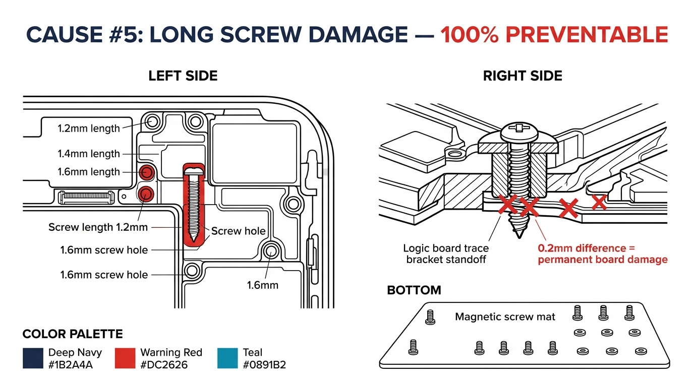 Long screw damage cross-section showing screw penetrating bracket standoff into logic board traces, with magnetic screw mat prevention