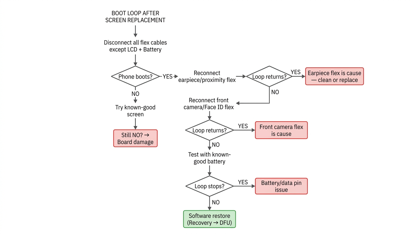 Diagnostic decision tree flowchart — systematic component isolation method for identifying boot loop cause in 15 minutes