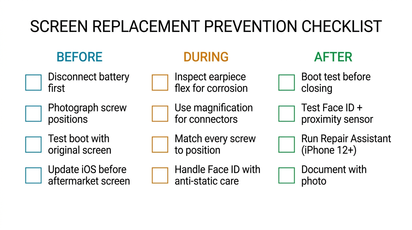 Screen replacement prevention checklist — before, during, and after steps to eliminate preventable boot loop causes