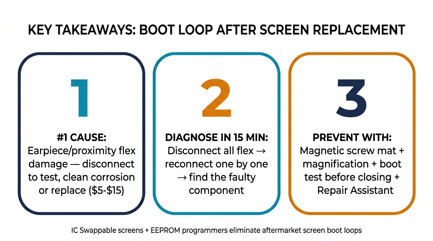 Key takeaways — #1 cause is earpiece flex, diagnose in 15 minutes with isolation method, prevent with magnetic screw mat and boot testing