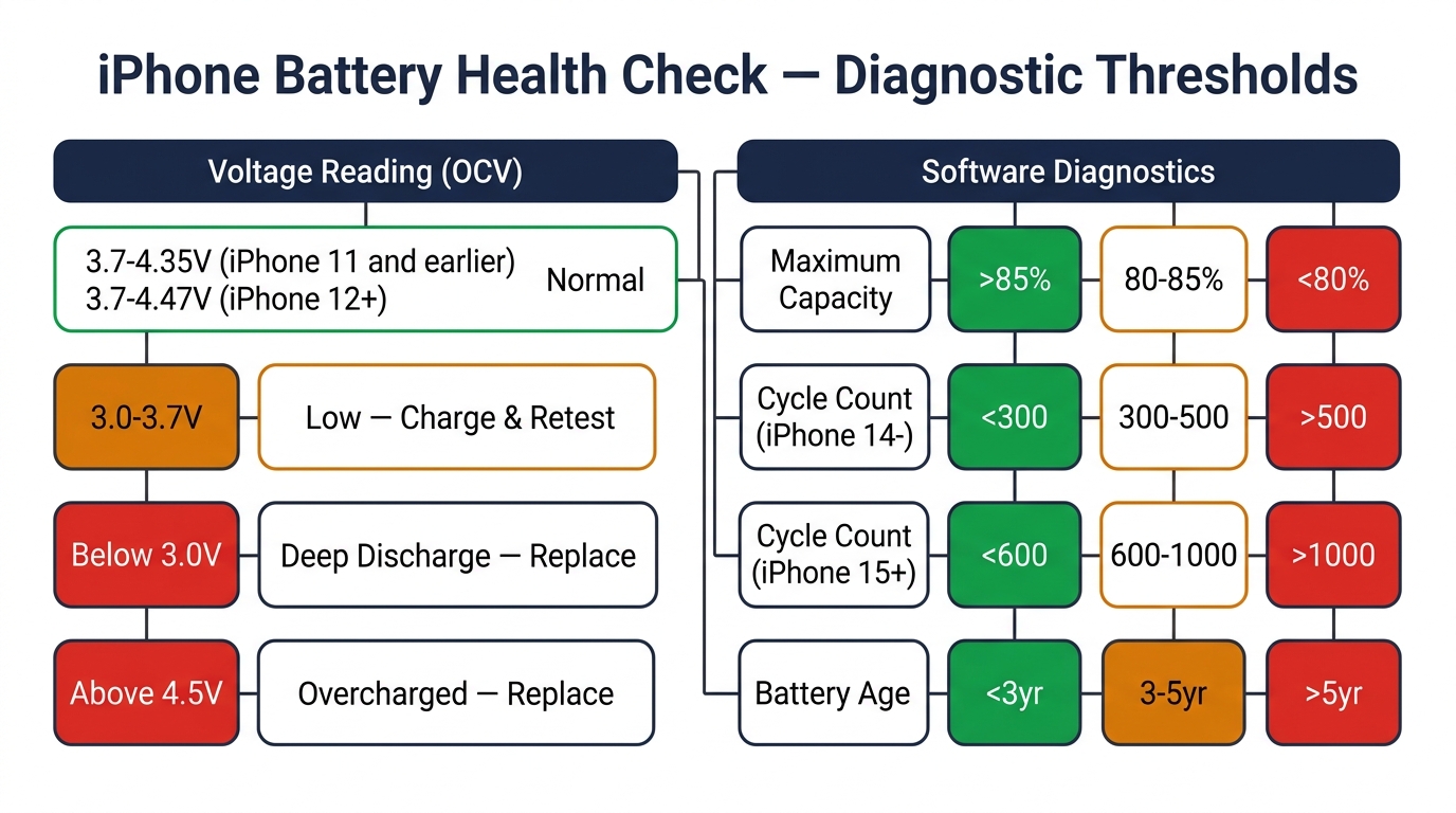 iPhone battery health check diagnostic thresholds — voltage ranges, maximum capacity, cycle count, and battery age comparison chart