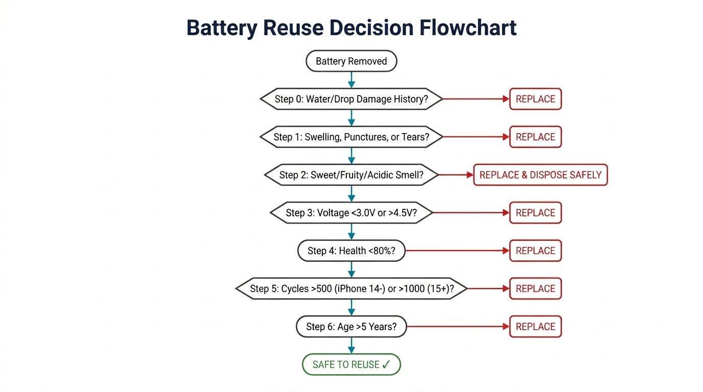 Battery reuse decision flowchart — 7-step process from device history check through visual, smell, voltage, health, cycle count, and age tests