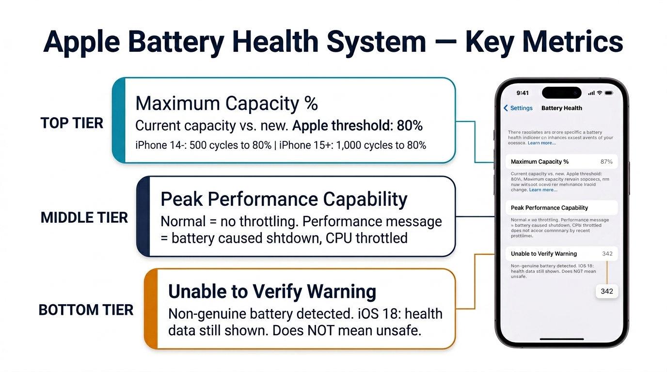 Apple battery health system key metrics — Maximum Capacity percentage, Peak Performance Capability, and Unable to Verify warning explained in tiered hierarchy