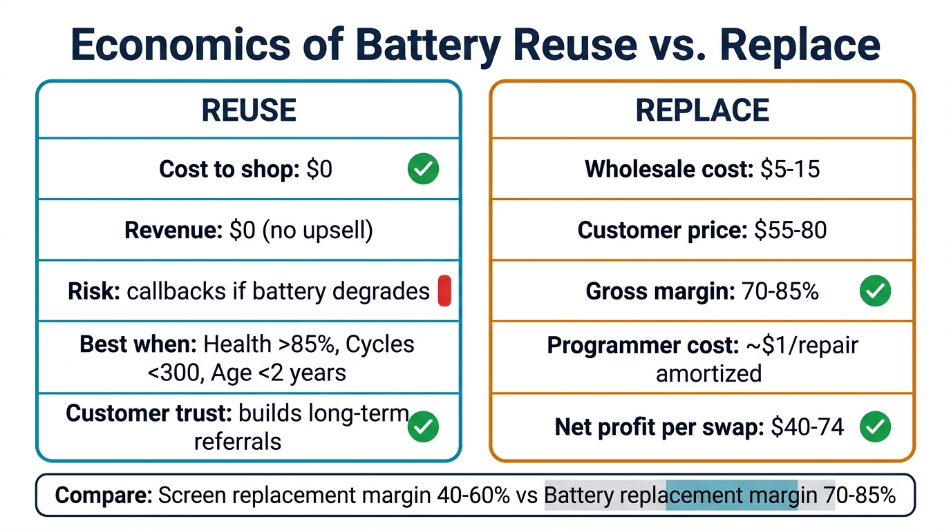 Economics of battery reuse vs replace — cost comparison showing $0 reuse cost vs $5-15 wholesale with $40-74 net profit per replacement
