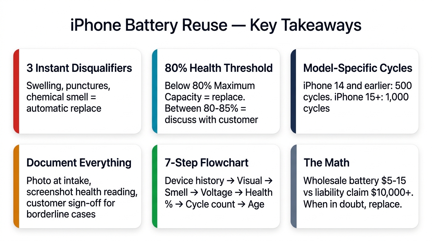 iPhone battery reuse key takeaways — 6 cards covering instant disqualifiers, 80% health threshold, model-specific cycles, documentation, 7-step flowchart, and cost comparison
