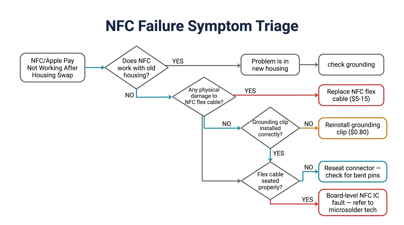 Symptom triage flowchart for NFC failures after iPhone housing swap