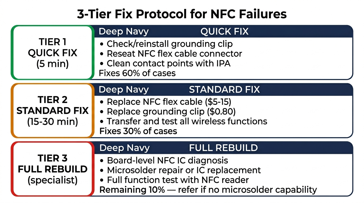 3-tier fix protocol for NFC failures — Quick, Standard, and Full rebuild approaches
