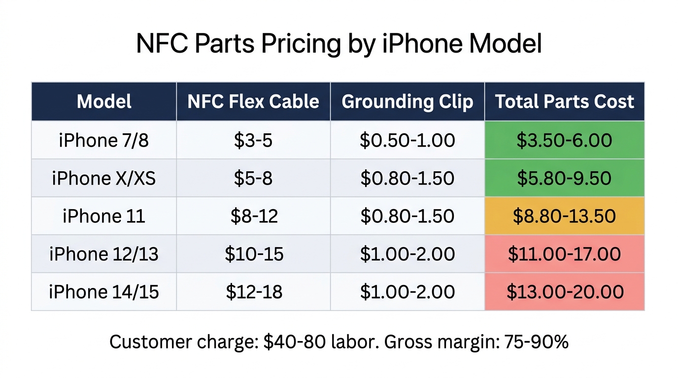 NFC flex cable and grounding clip pricing comparison by iPhone model