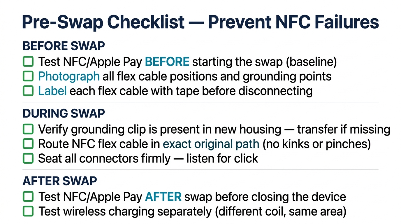 Pre-swap checklist for preventing NFC failures during iPhone housing swaps