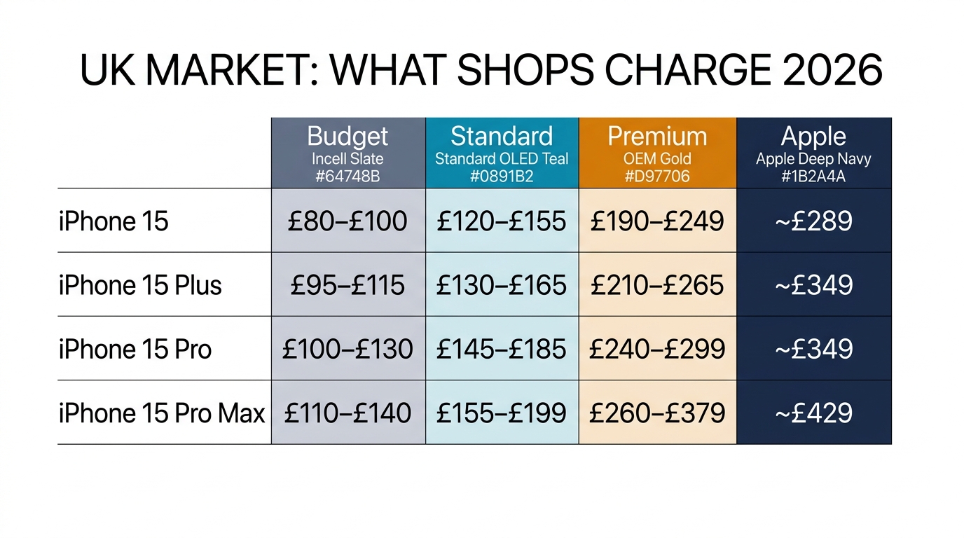 UK repair shop iPhone 15 pricing table — four models by four price tiers with colour-coded columns
