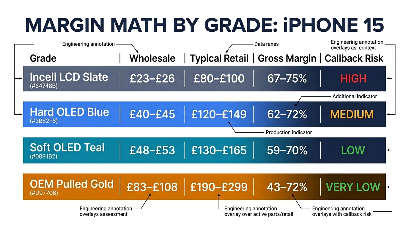 Margin analysis by grade — horizontal bar infographic showing wholesale cost, retail price, gross margin and callback risk for four screen grades
