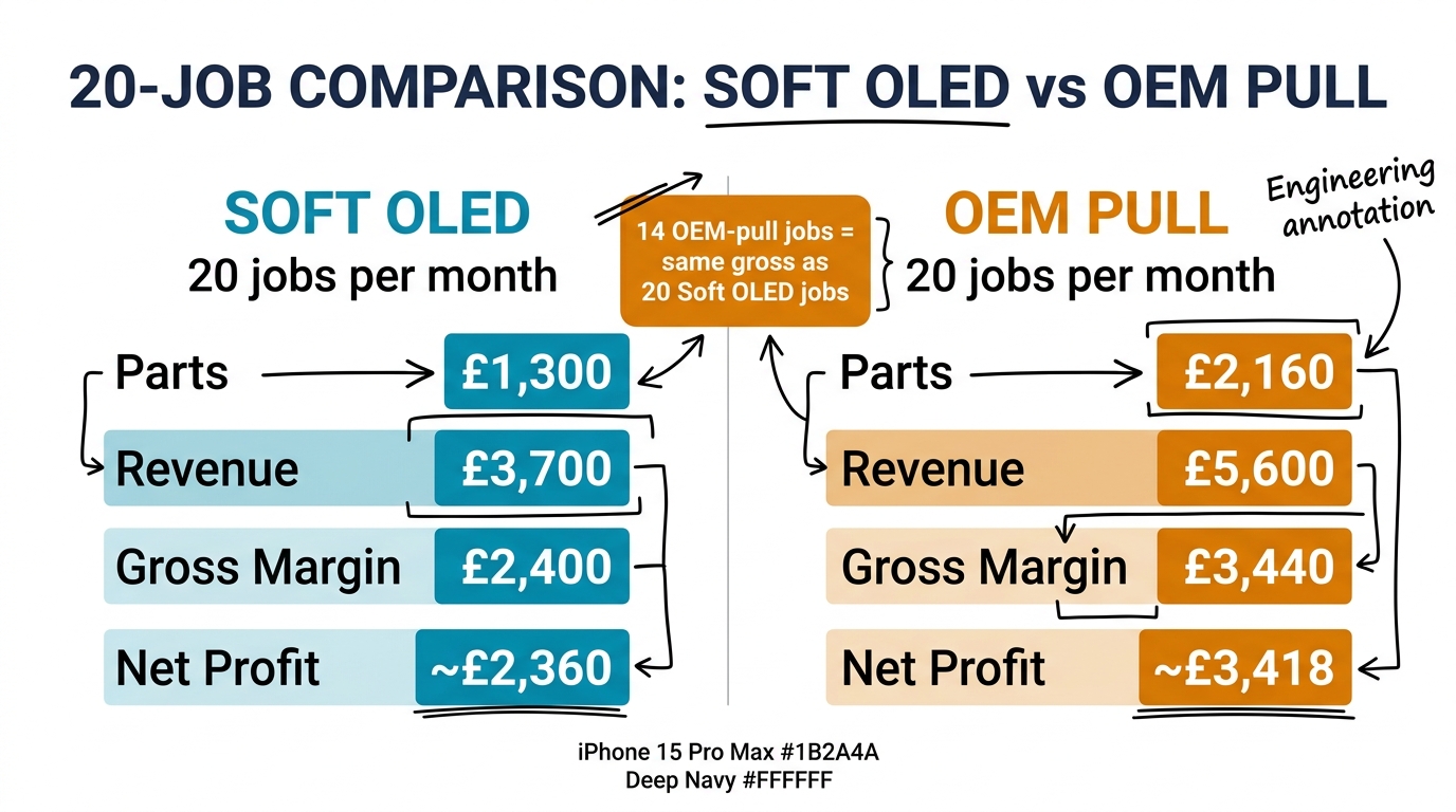 20-Job Comparison: Soft OLED vs OEM Pull iPhone 15 Pro Max Financial Analysis