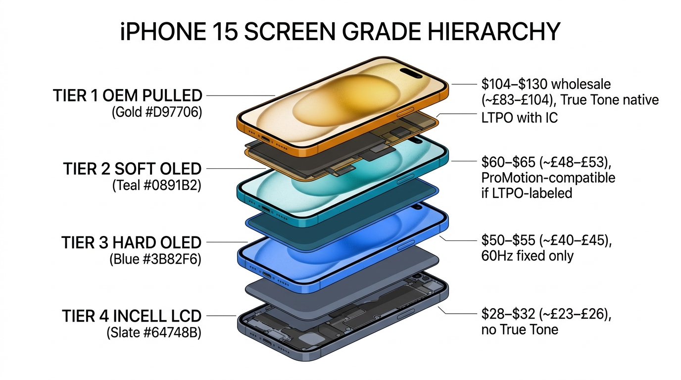 iPhone 15 screen grade hierarchy — exploded view with wholesale pricing per tier