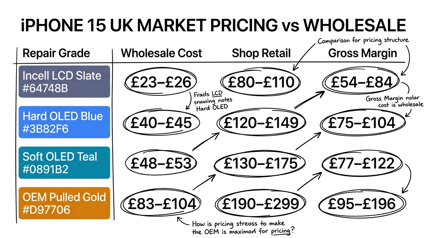 iPhone 15 UK market pricing vs wholesale cost comparison by screen grade