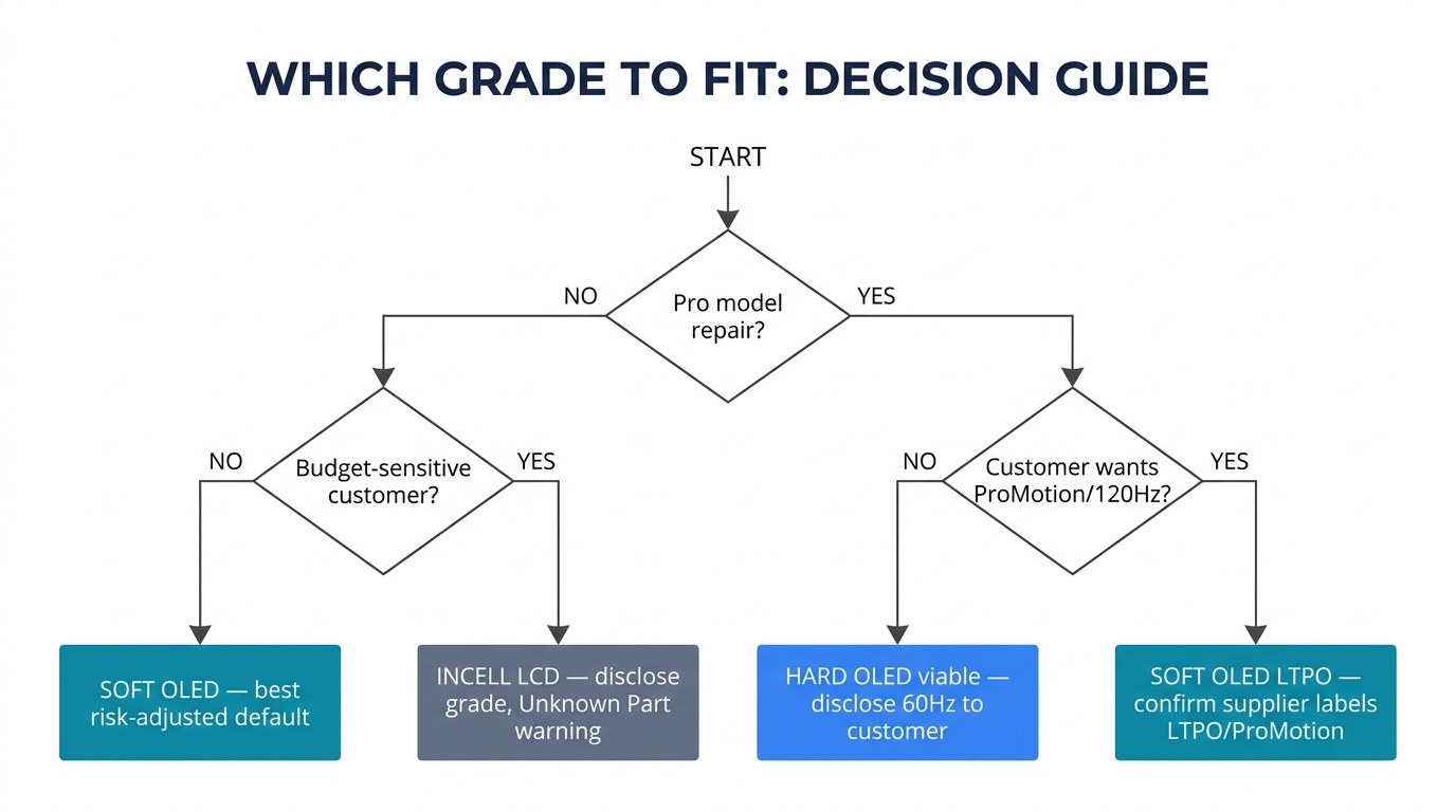 Which iPhone 15 screen grade to fit — decision flowchart for repair shops