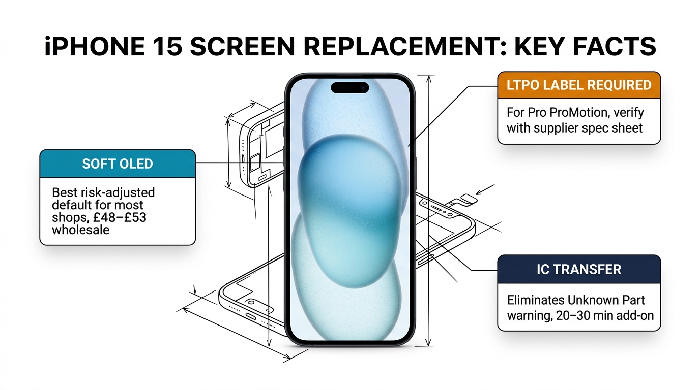 iPhone 15 screen replacement key facts — Soft OLED default, LTPO label requirement, IC transfer overview