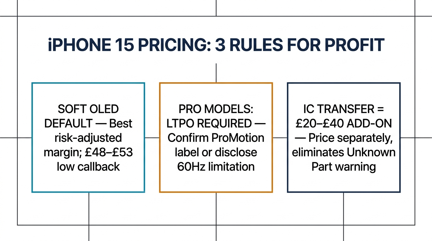 iPhone 15 pricing: 3 rules for profit — summary infographic with soft OLED default, LTPO requirement for Pro, and IC transfer add-on pricing