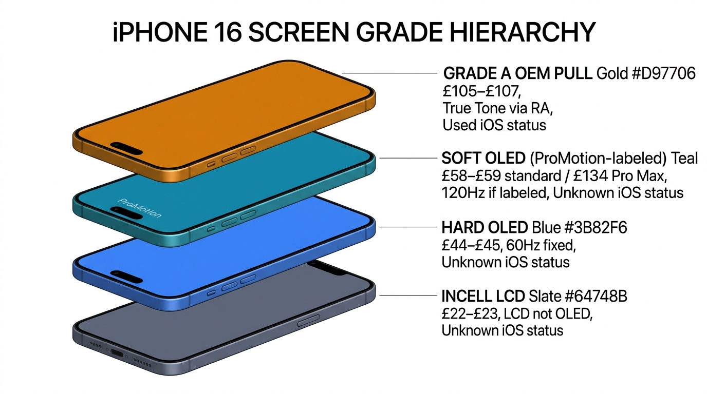 iPhone 16 screen grade hierarchy exploded view diagram