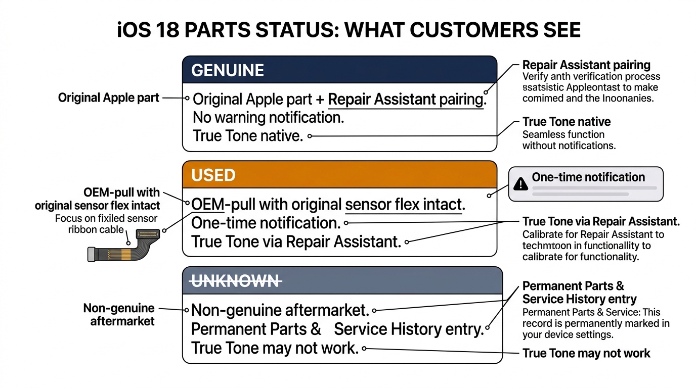 iOS 18 parts status three-tier system infographic