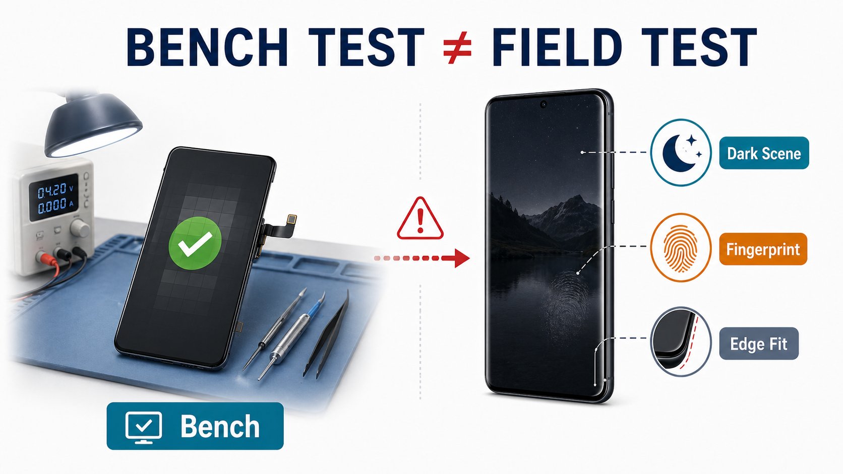 Bench test versus field test for Samsung replacement screens