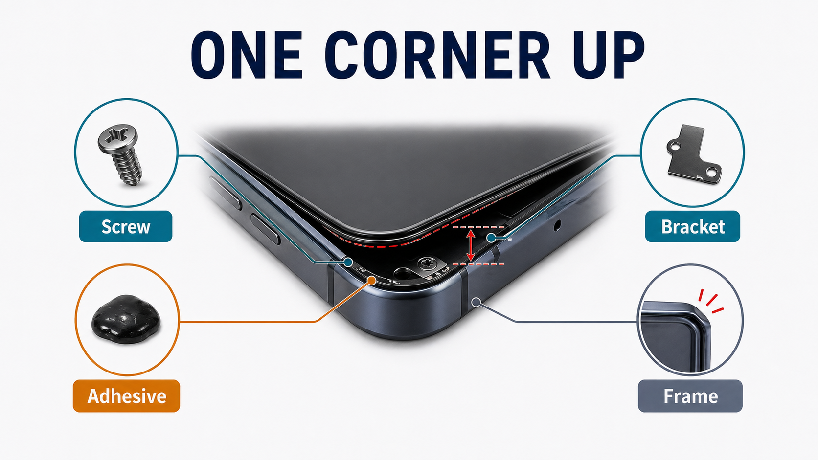 One corner lifted by local obstruction in screen fitment