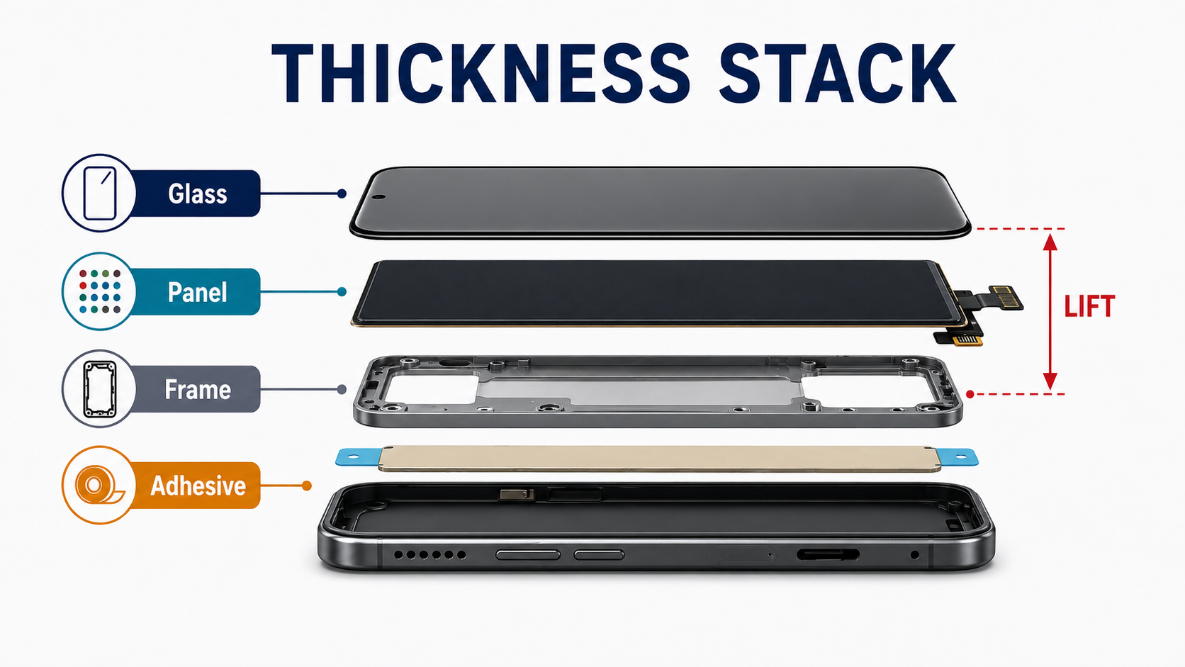Replacement screen thickness stack and fitment gap