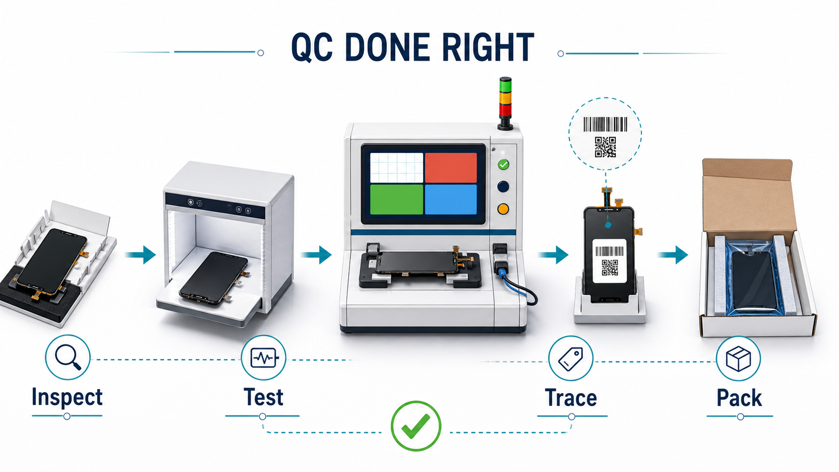 Wholesale phone screen QC workflow from inspection to packing