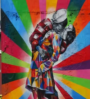 Pintura a óleo em tons vibrantes de azul e rosa, retratando uma explosão de amor com flores e cores intensas.